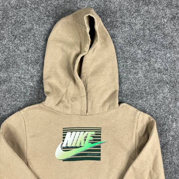 Nike Hoodie Boys Size 4T Tan Pullover Sweatshirt Logo Graphic Fleece Warm - Picture 2 of 5